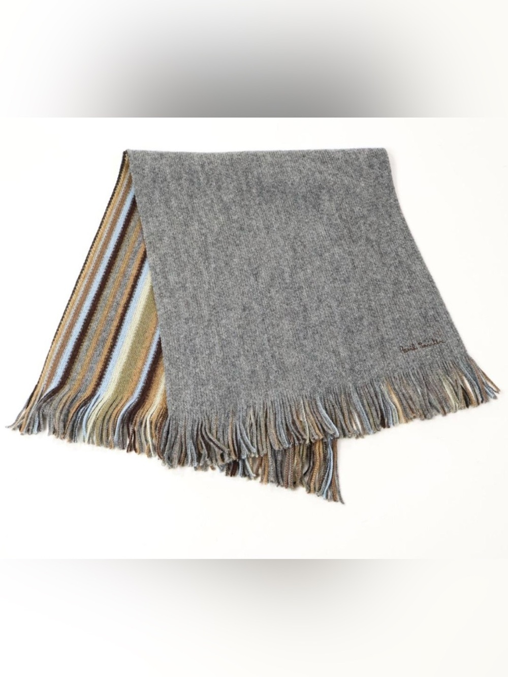 PAUL SMITH Signature Stripe with Solid Grey Reverse Wool Scarf - 58"x13" EUC